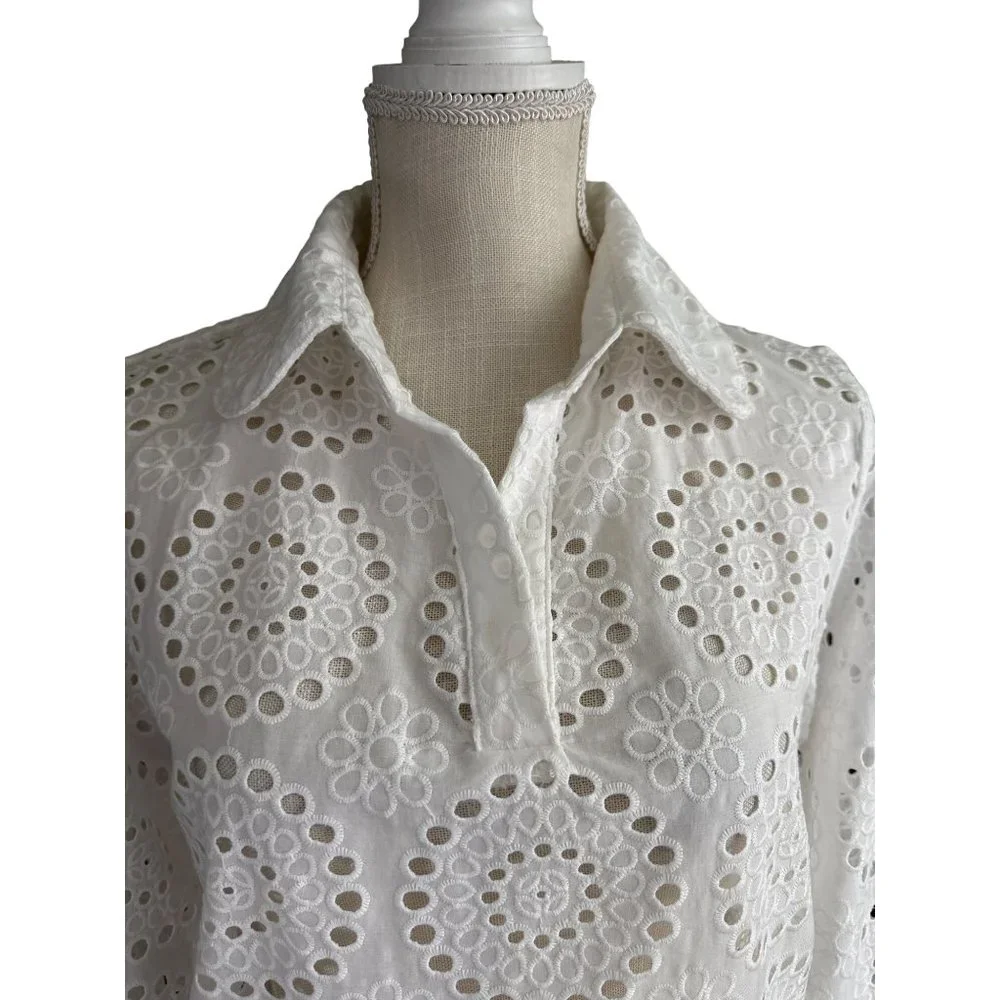 Cartolina Nantucket Beach Coverup Womens Large White Eyelet Dress Collared Pool_8